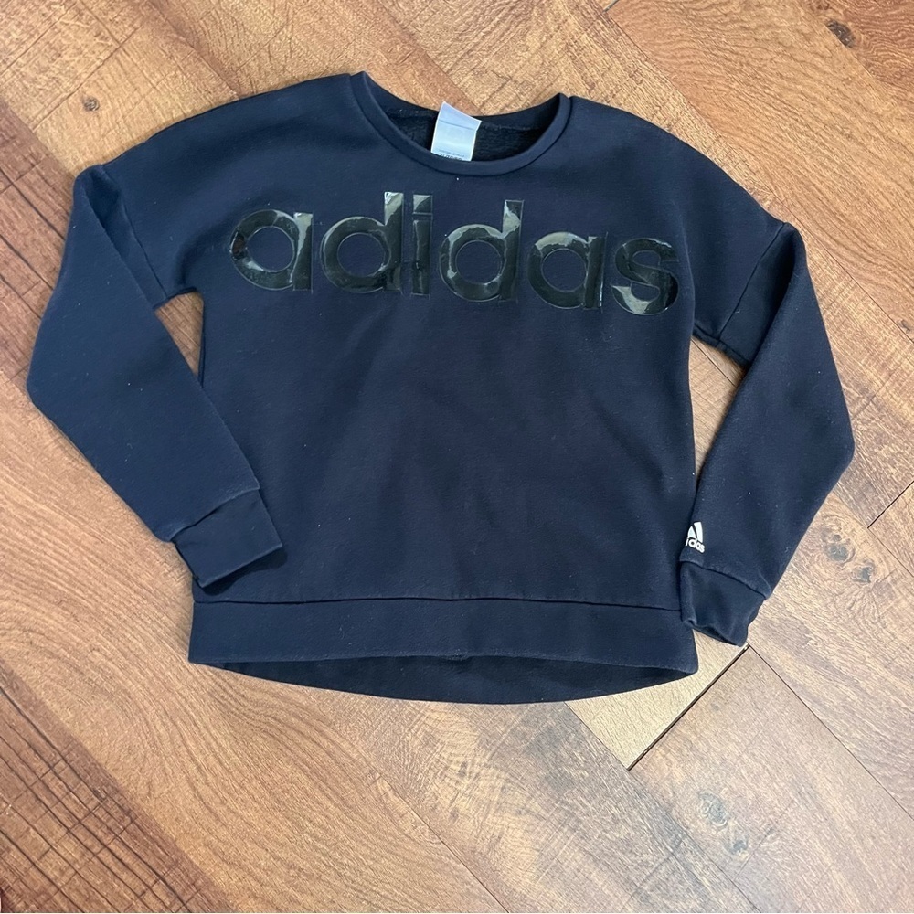 Adidas girls sweatshirt XL extra large 16 black puffy shiny logo cotton